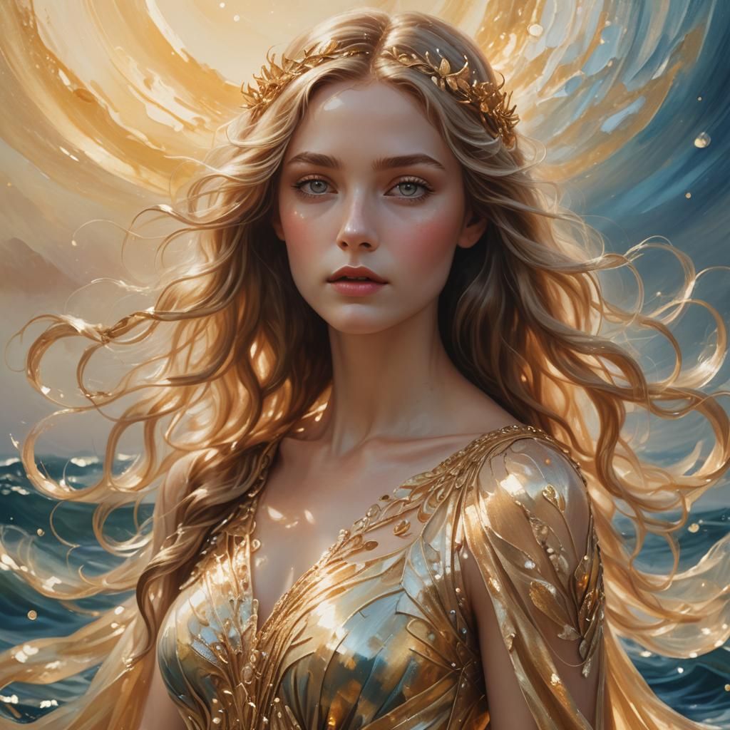 Radiant Goddess in Gold Gown, Soft Surrealism