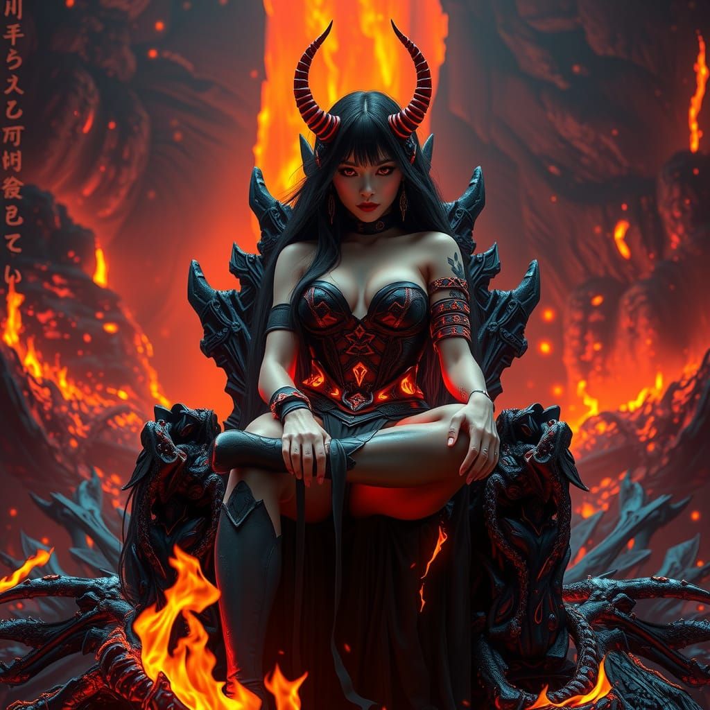 Japanese Devil Maiden on Bone Throne in Dark Fantasy Style