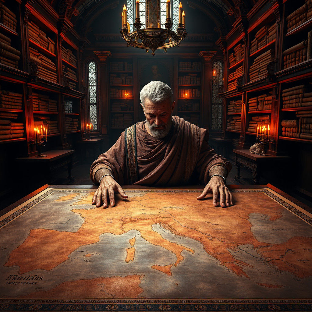 Roman Senator Examines Map in Ornate Chamber