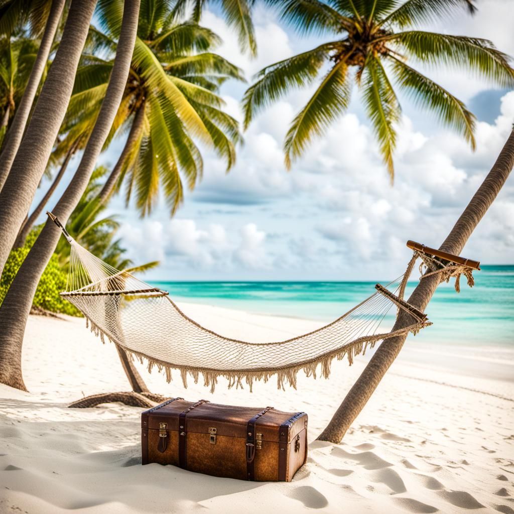 Tropical Beach with Treasure Chest and Hammock
