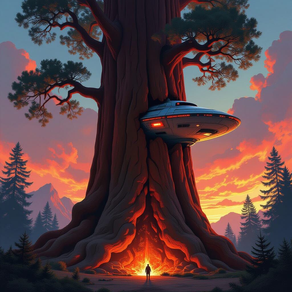 Alien Spaceship Embedded in Giant Redwood Tree