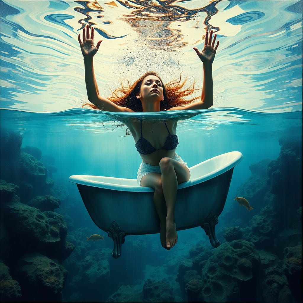 Hyperreal Bather in Sunlit Underwater Ballroom