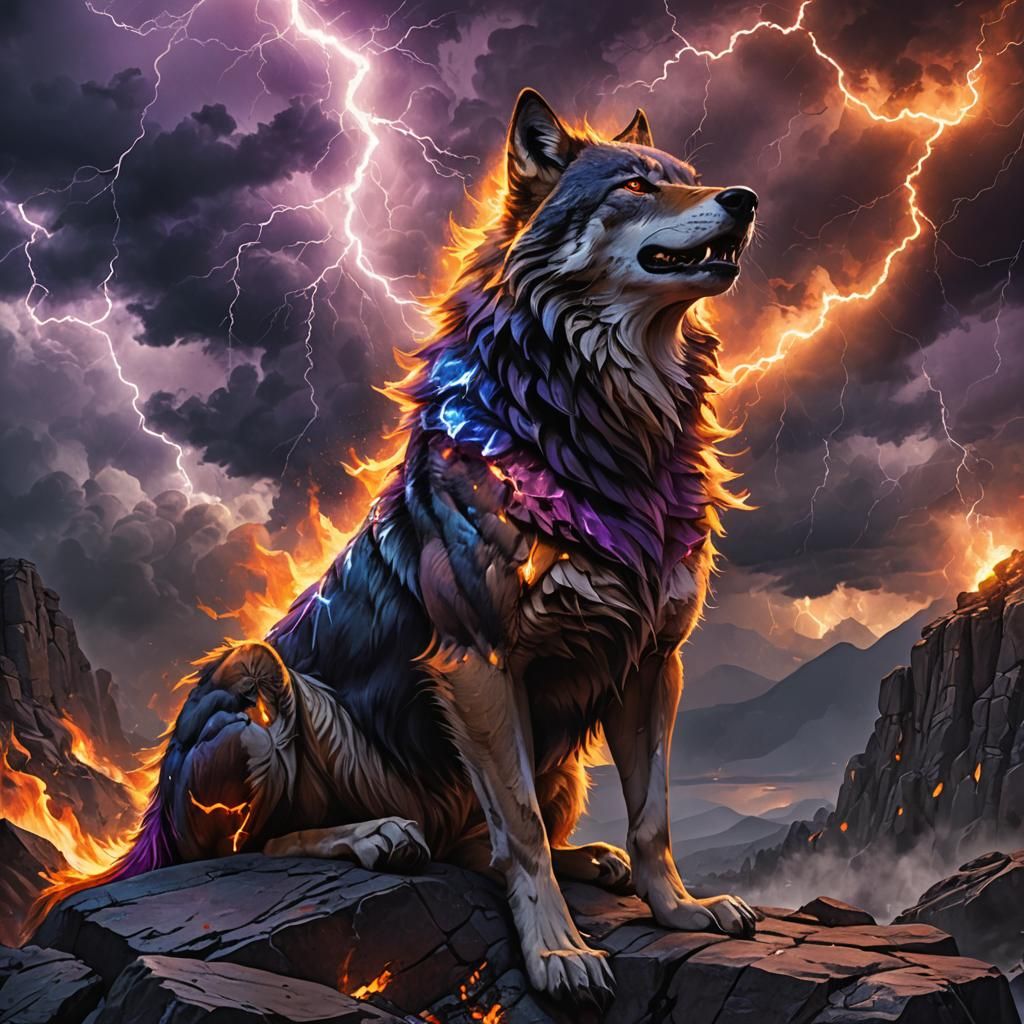 Epic Fantasy Wolf in Fire and Lightning Storm