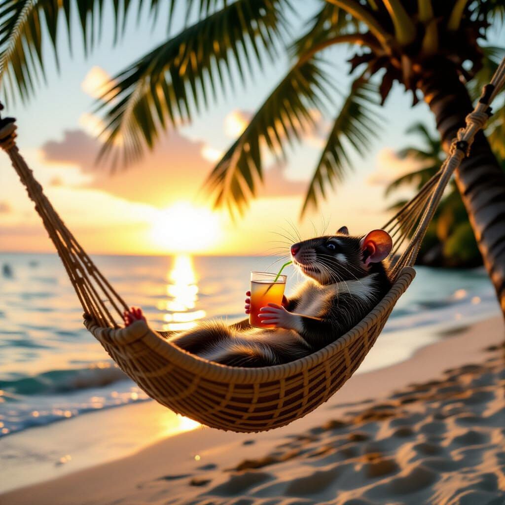 Honey Badger Lounging in Hammock at Tropical Sunset