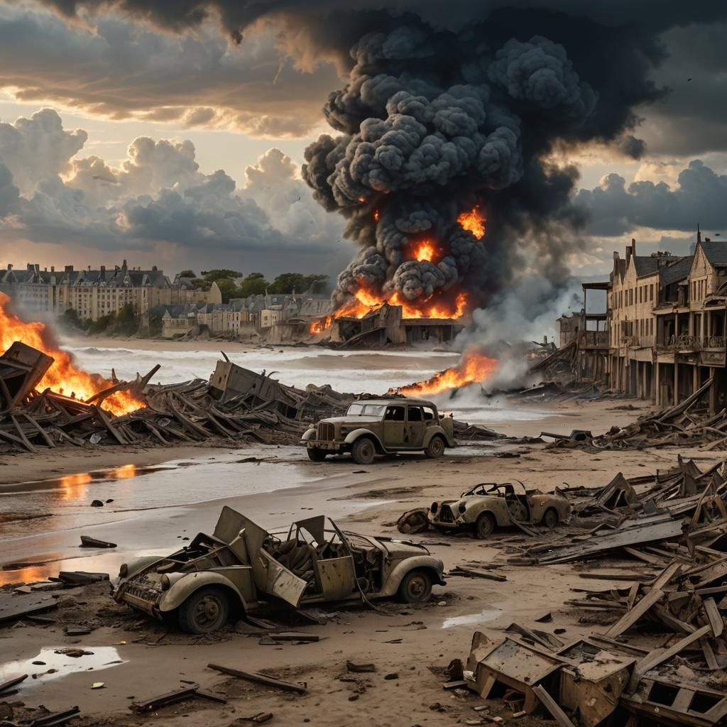 War-Torn Omaha Beach in Painterly Style