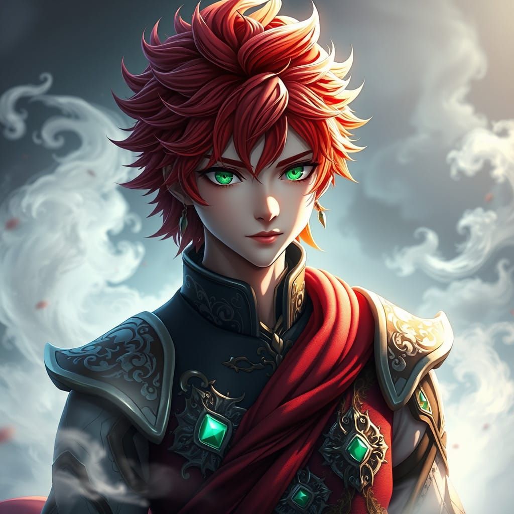 Majestic Red-Haired Youth in Ethereal Fantasy Realm