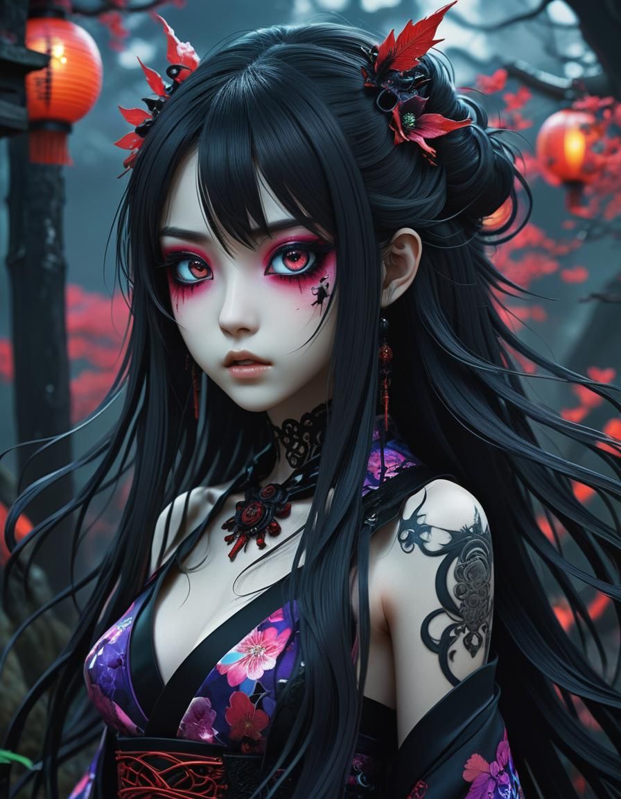 Creepy Beautiful Fae in Japanese Anime Gothic Style