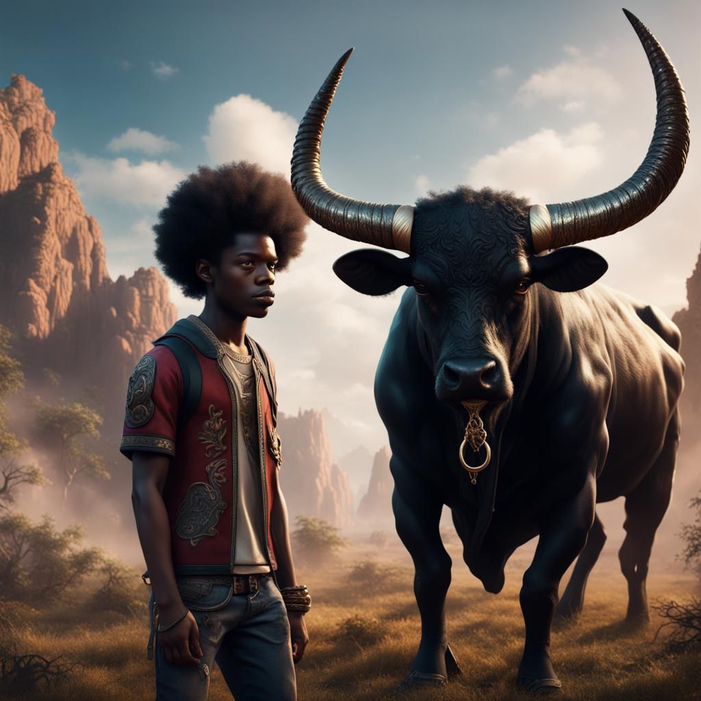 Teen with Afro and Bull Horns in Detailed Painting