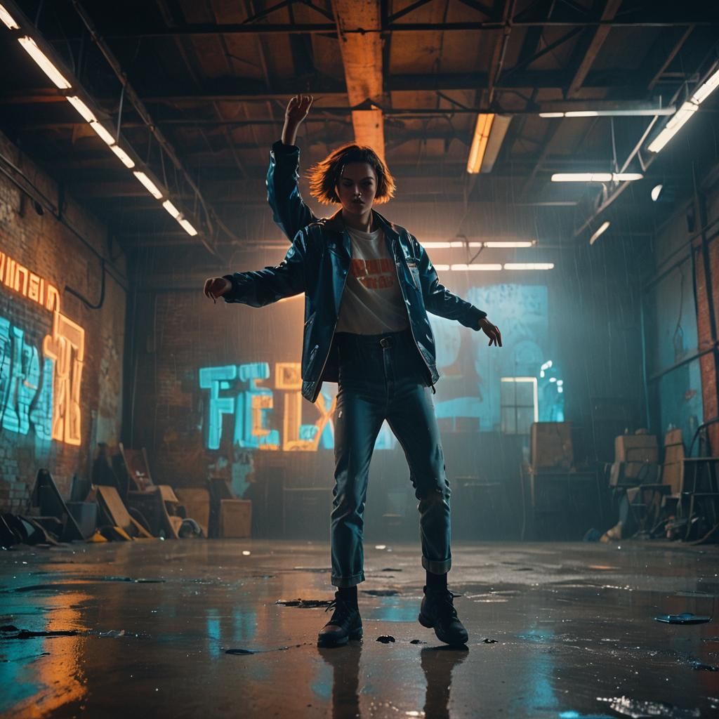Neon Dancer in Abandoned Warehouse: Cinematic Film Still
