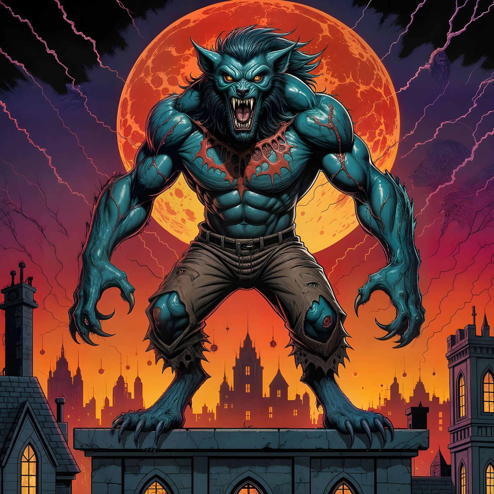 Grotesque Lycanthropic Transformation Under Bloodmoon