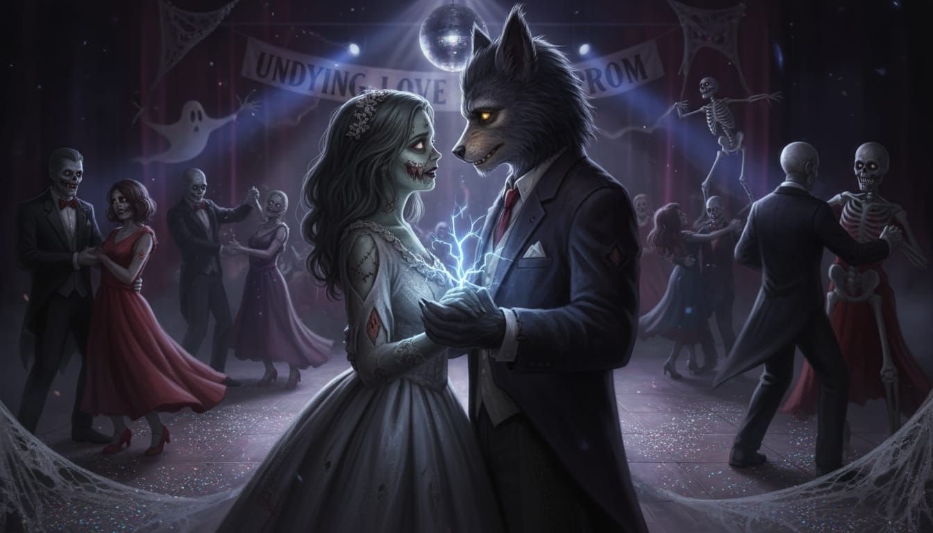Undead Prom Love: Werewolf and Zombie Embrace