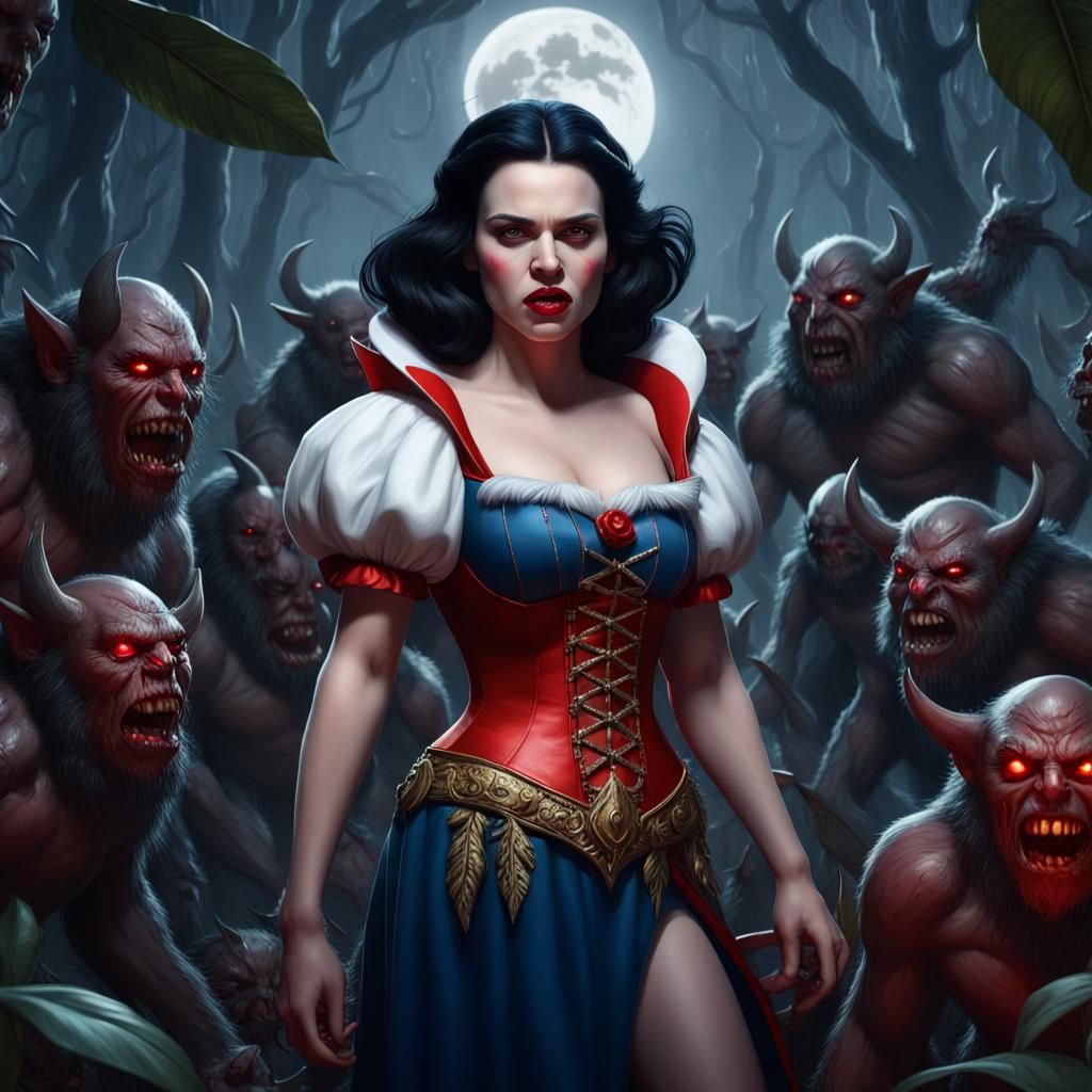 snow white demon dwarfs in the jungle on a stormy scary night