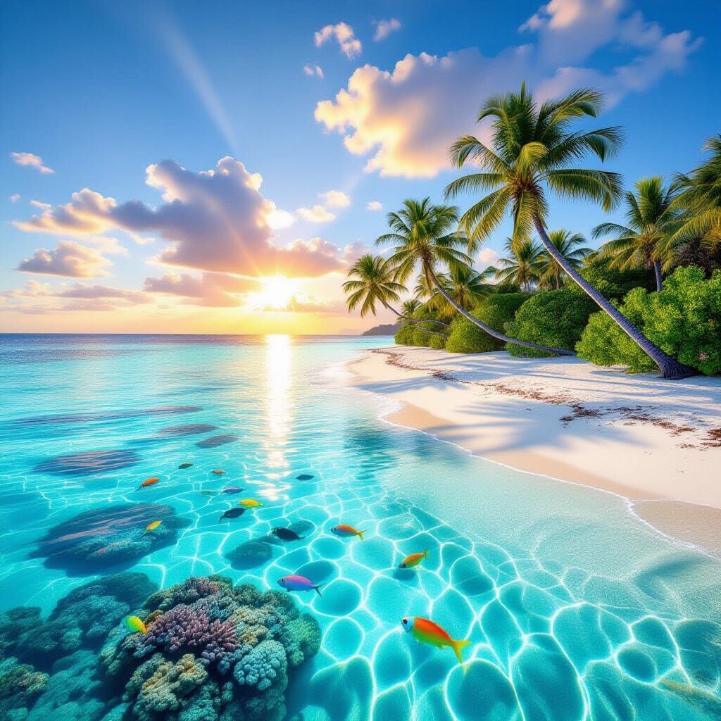 Vivid Tropical Island Paradise With Coral Reefs At Sunset