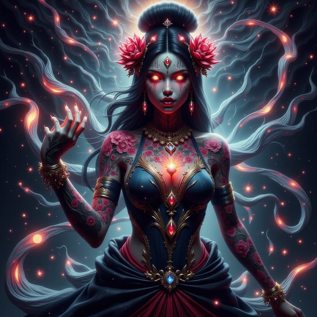 Majestic Dark Fabric Goddess with Glowing Eyes and Floral Ta...