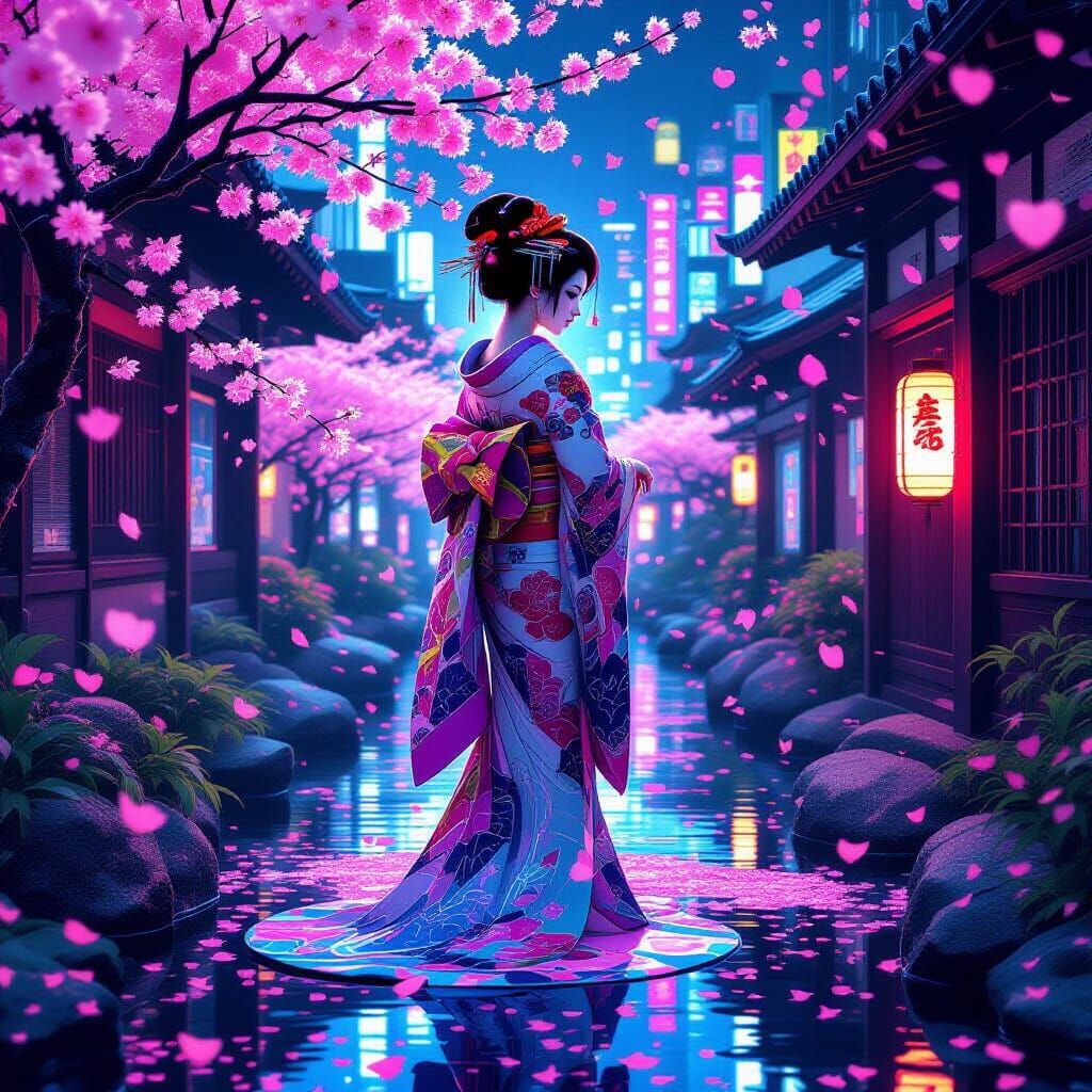 Cyberpunk Geisha in Neon Garden