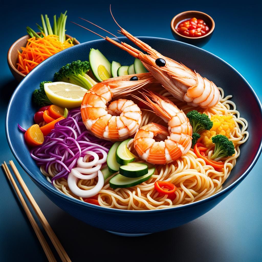 Hyperrealistic Ramen with Shrimp and Vegetables