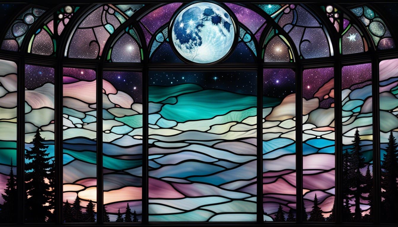 Surreal Stained Glass Landscape with Cosmic Elements