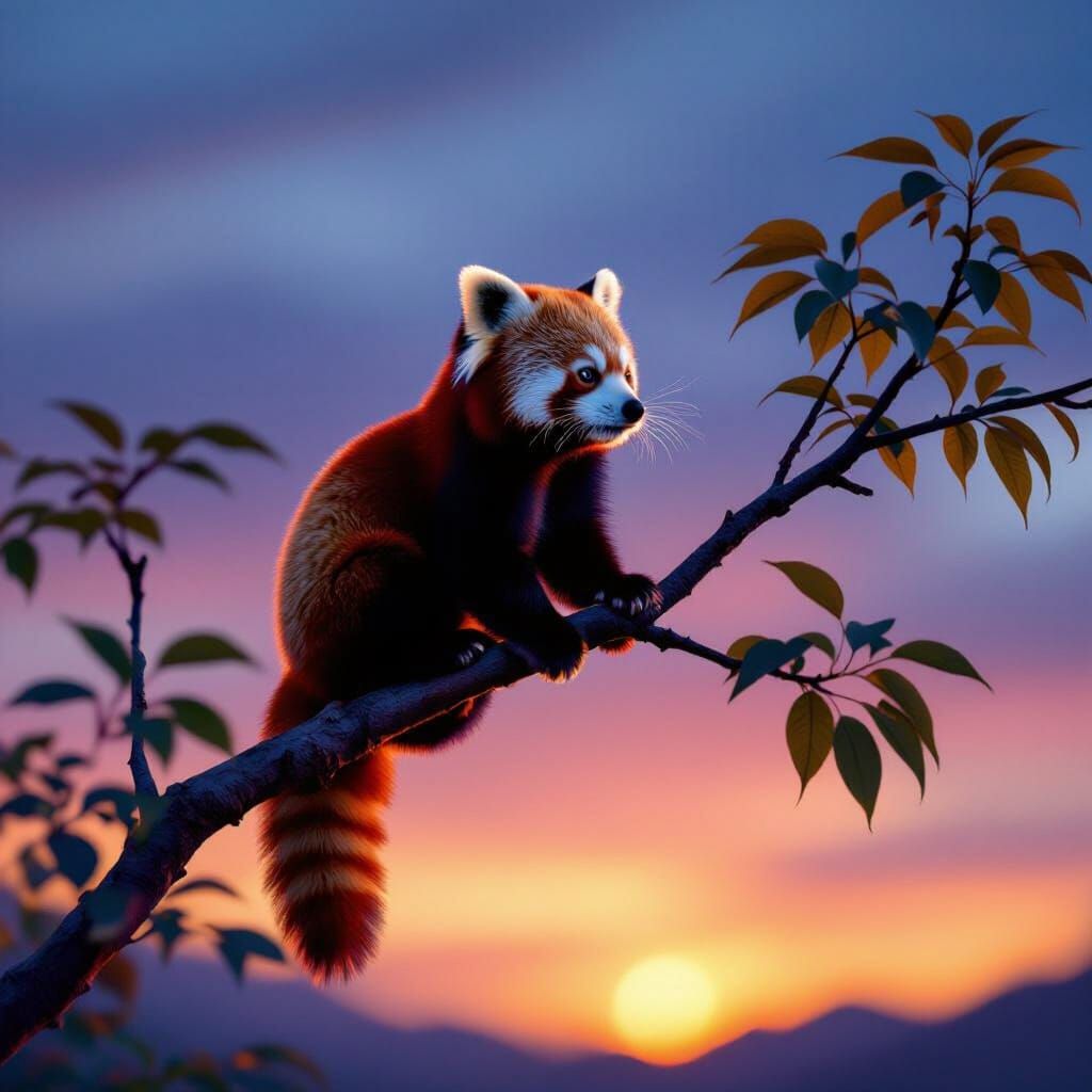 Realistic Red Panda at Sunset Over Gradient Sky