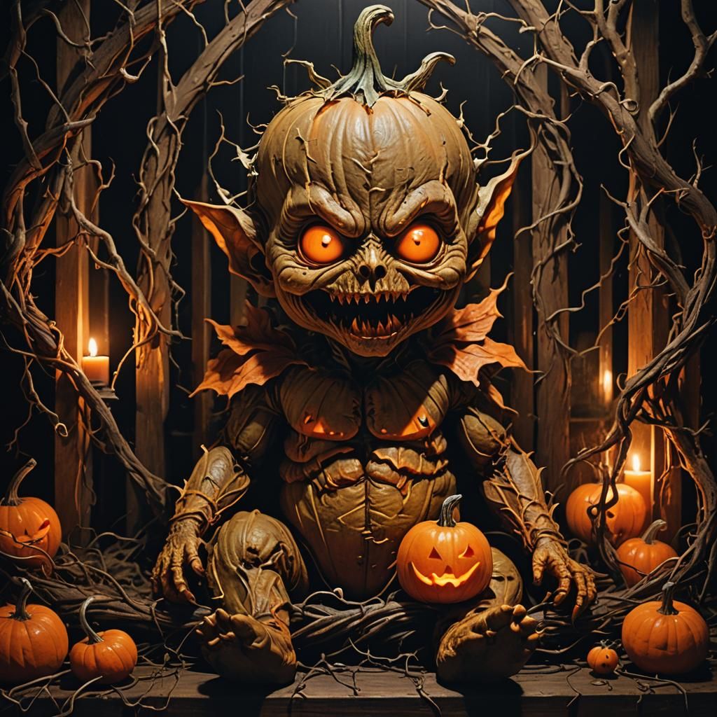Eerie Demonic Pumpkinhead Infant in Dark Nursery