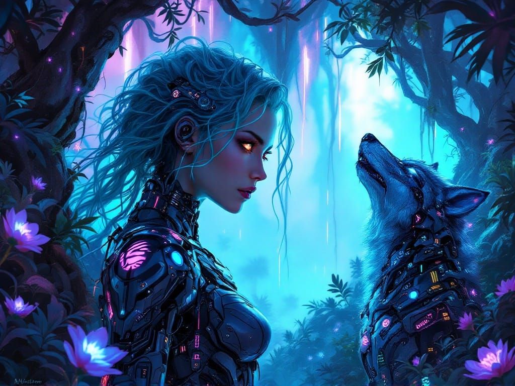 Cyberpunk Android Warrior in Bioluminescent Jungle