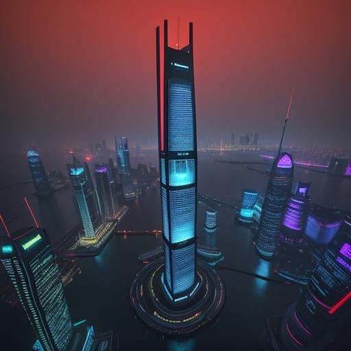 Neon Shanghai Skyscraper at Night