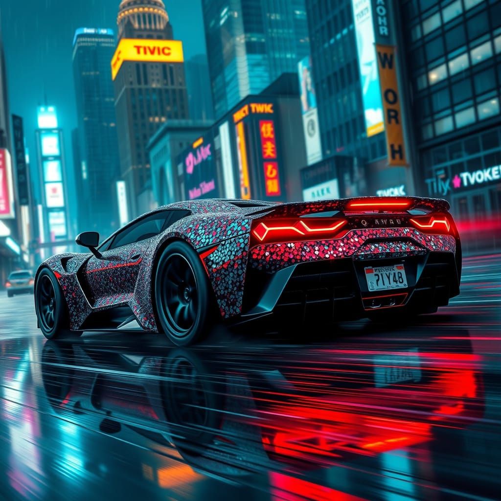 Sleek Grand Thief's Sports Car in Neon-Lit Cityscape