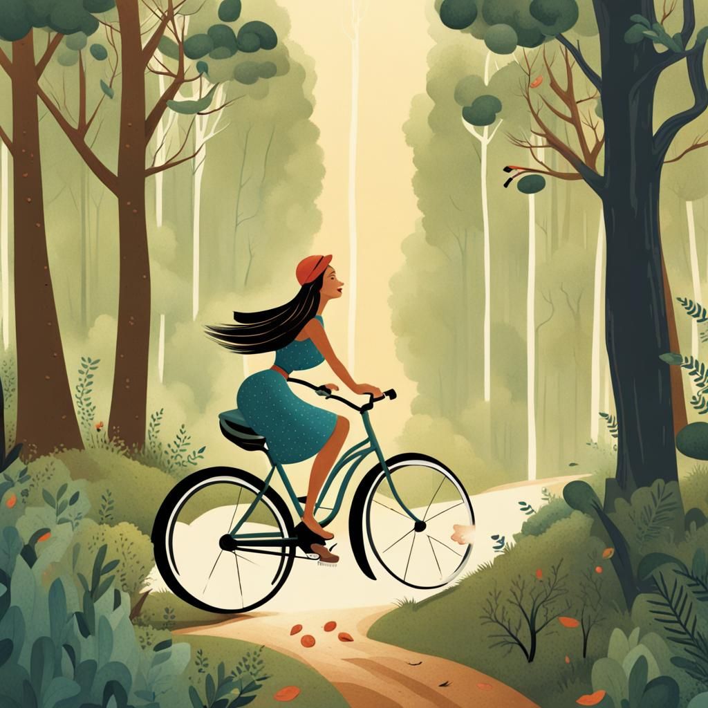 Woman Biking Through Woods: Storybook Illustration