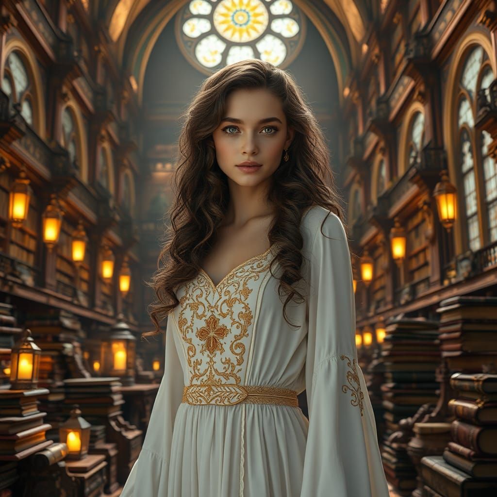 Enchanting Woman in Library: Matte Painting Style