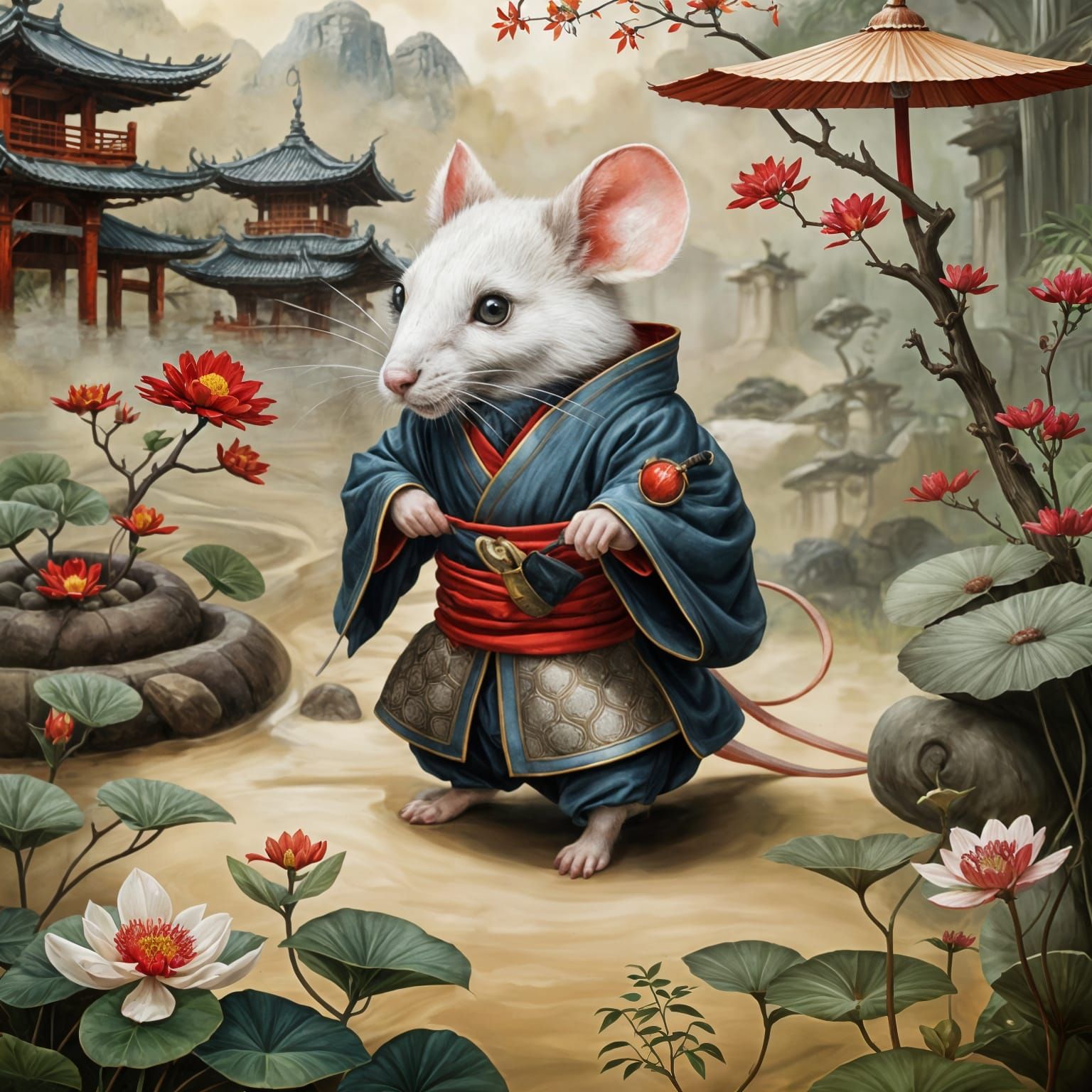 Mouse Samurai in Zen Garden as Storybook Illustration