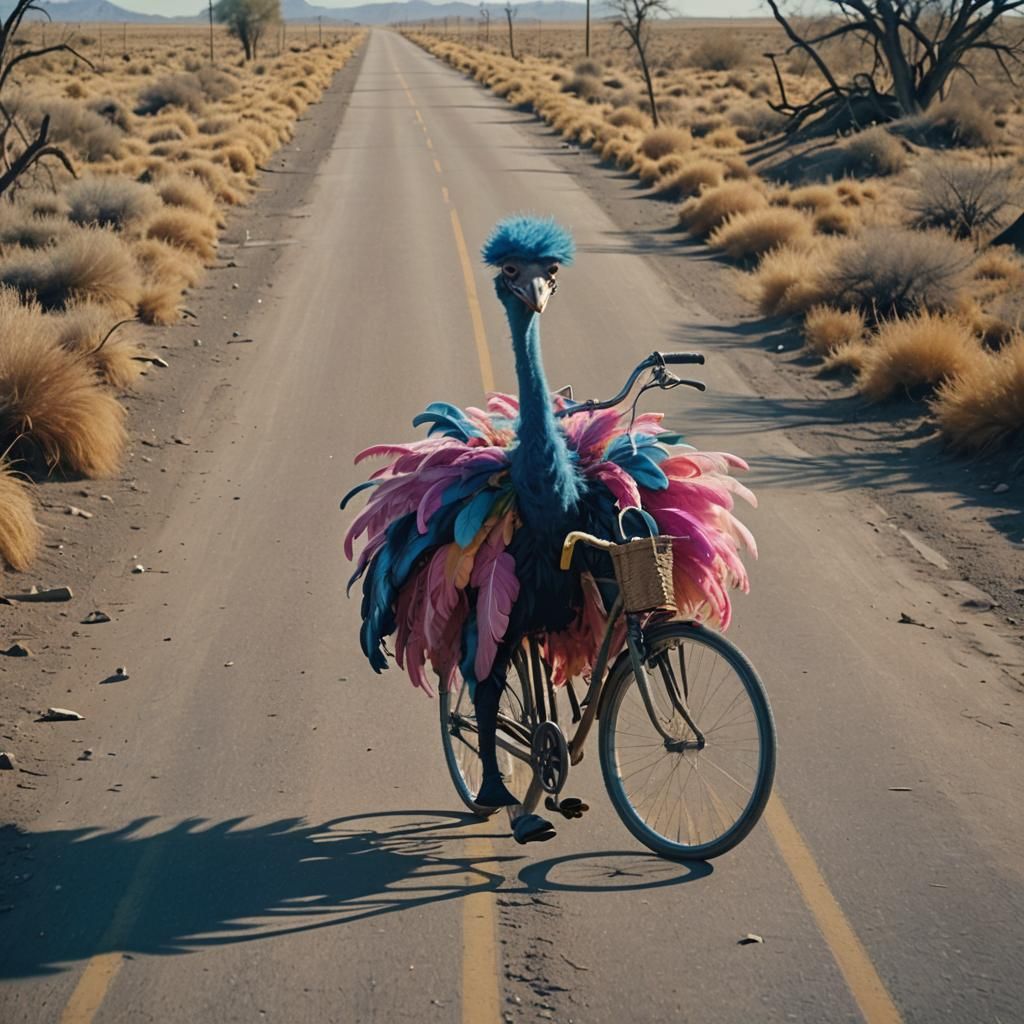 Colorful Feathered Bicycle and Ostrich in Cinematic Style