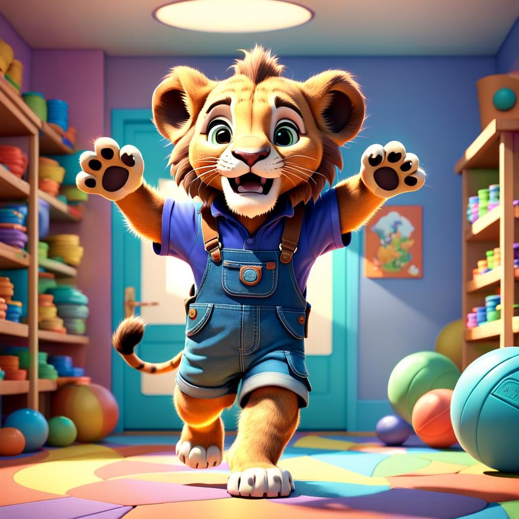 Lion Cub Waving Paws in Playroom: Pixar-Style 3D Art