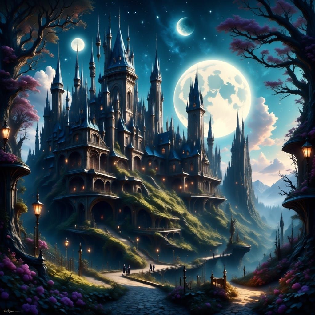 Whimsical Hogwarts Castle Under Full Moon