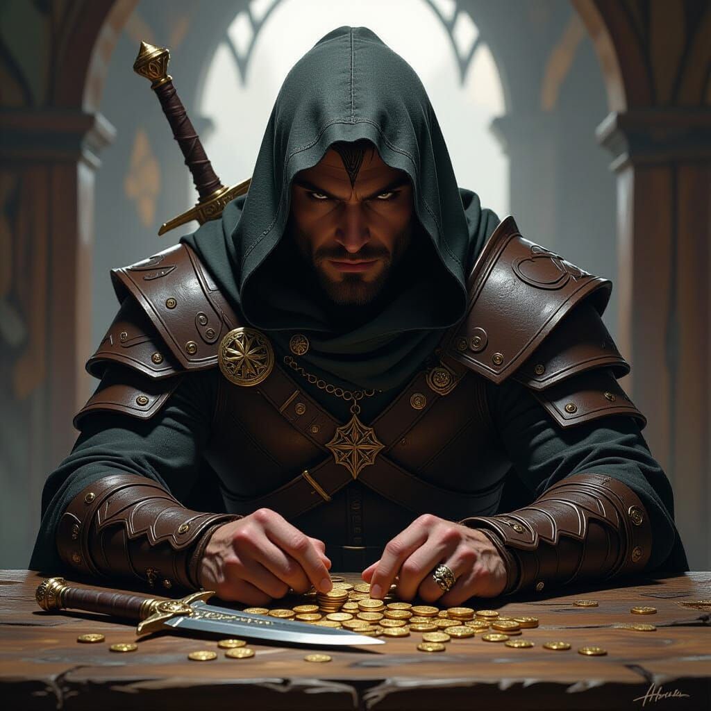 Dark Elf Mercenary Counts Gold Coins: Fantasy Art