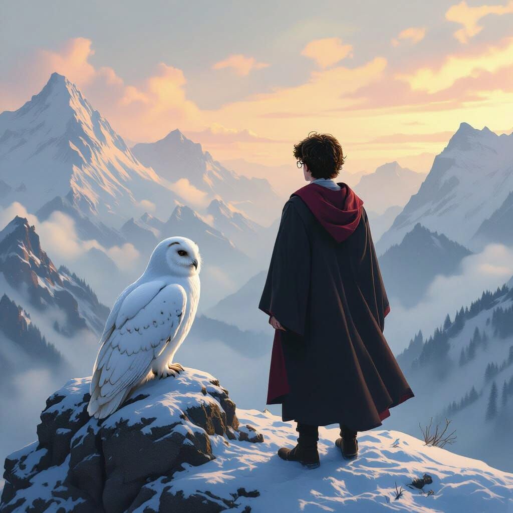 Harry Potter and Hedwig on Snowy Mountain Peak at Dawn