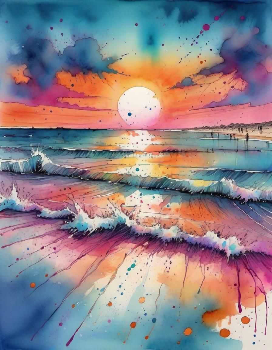 Colorful Beach Sunset Watercolour Painting