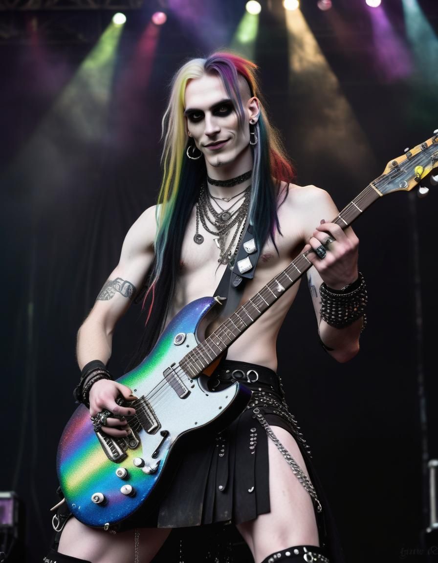 Rainbow-Haired Guitarist in Goth Fashion on Stage