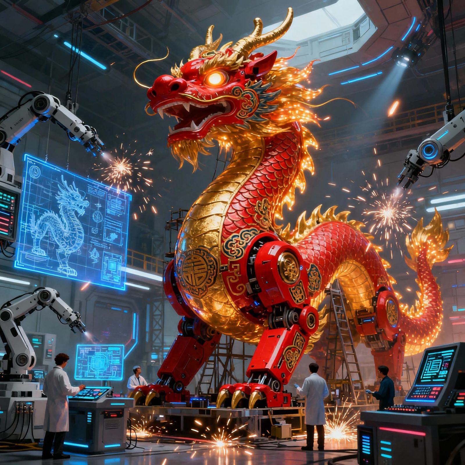 Robotic Dragon Built in Futuristic Lab