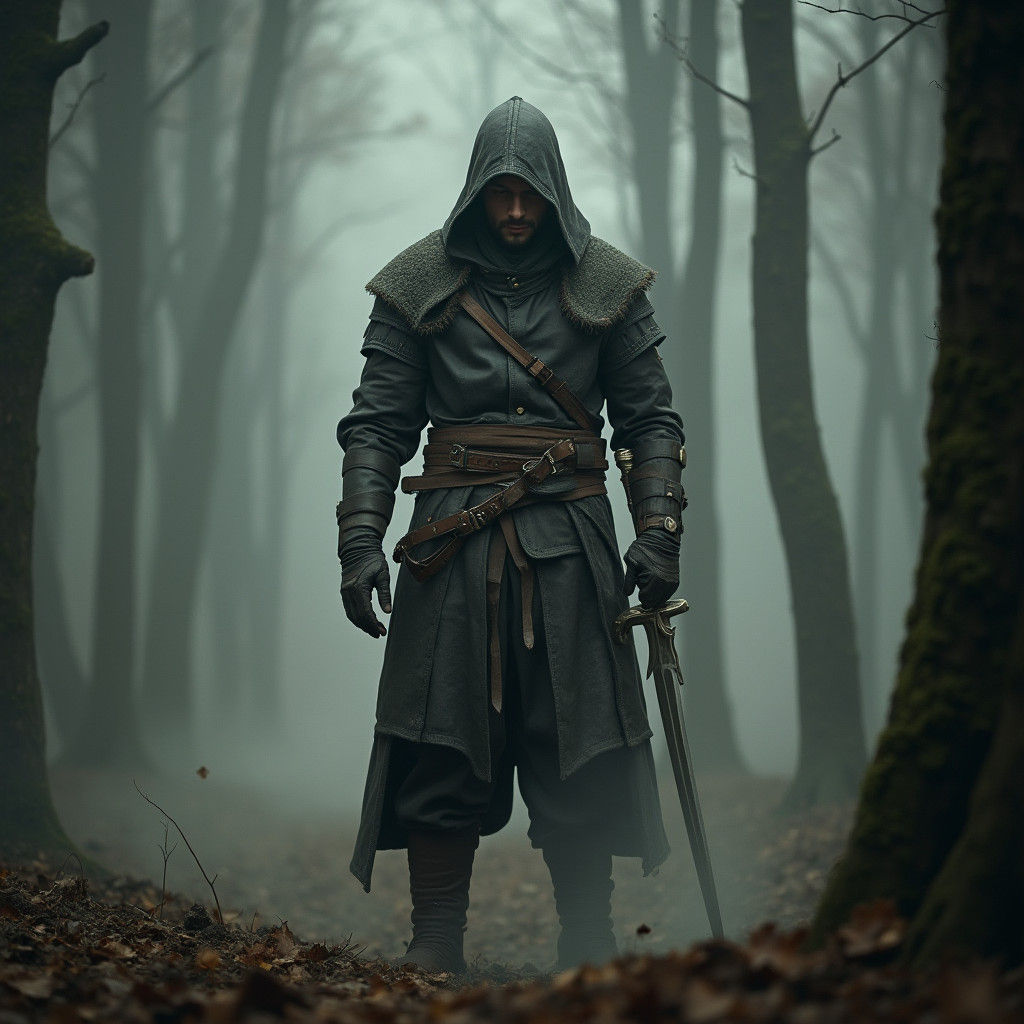 Fantasy Character in Misty Forest, Cinematic Still