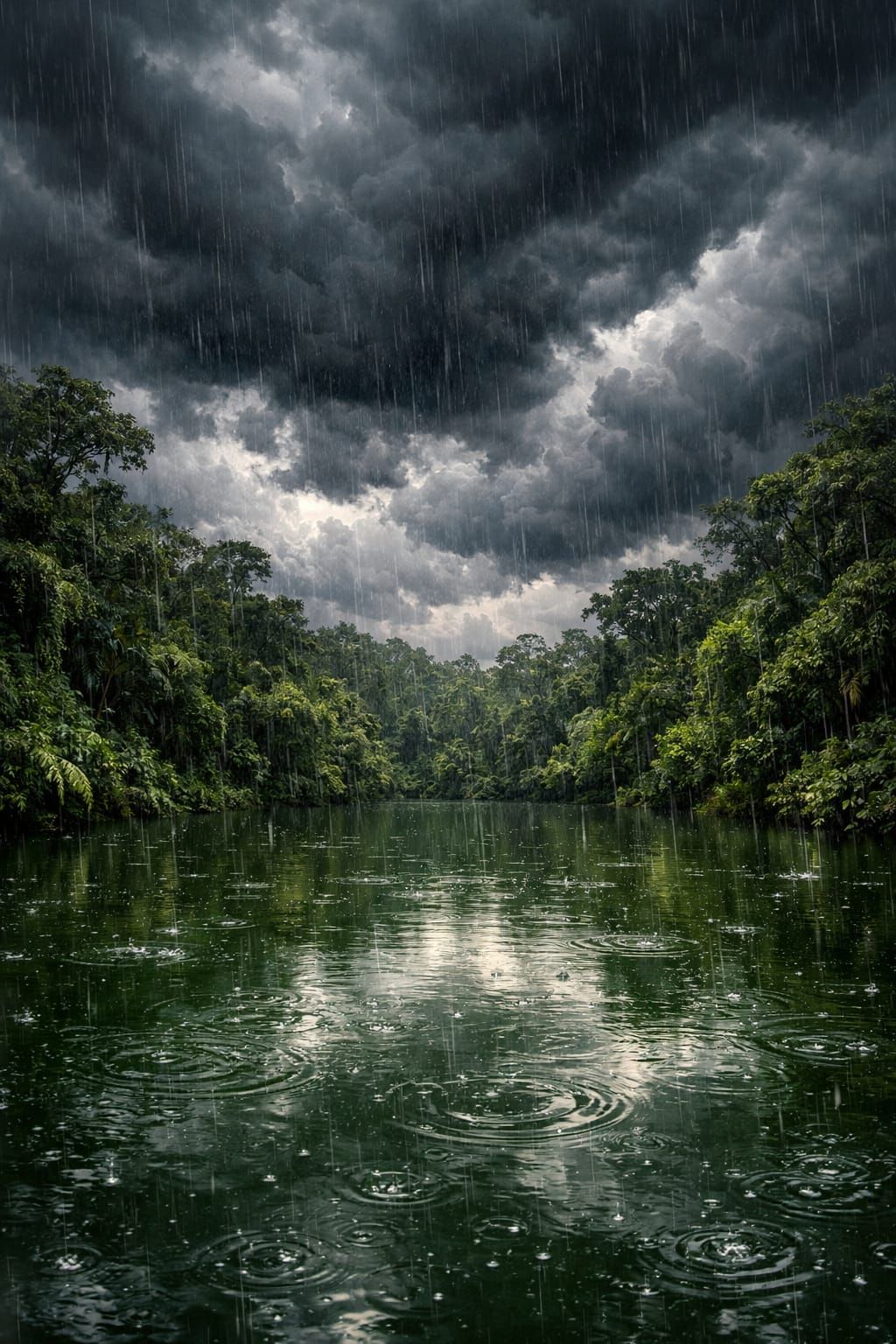 Rain on a green pond in middle of jungle ; deep colors; dramatic sky filled with into dark clouds;rain falling, shimmeri...