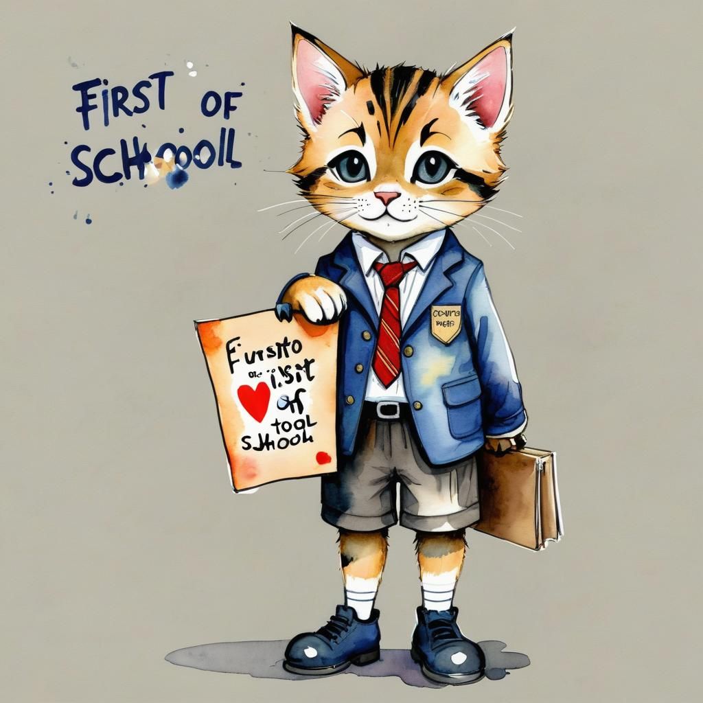 Kitten's First Day of School in Watercolor