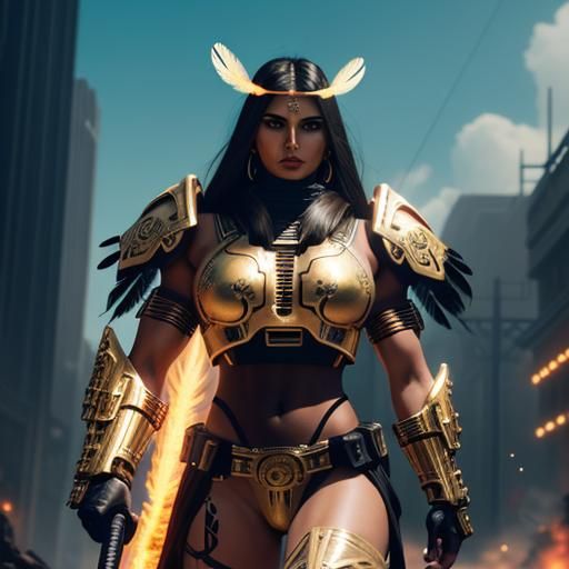 Aztec Warrior Woman with Flaming Sword in Cyberpunk Style