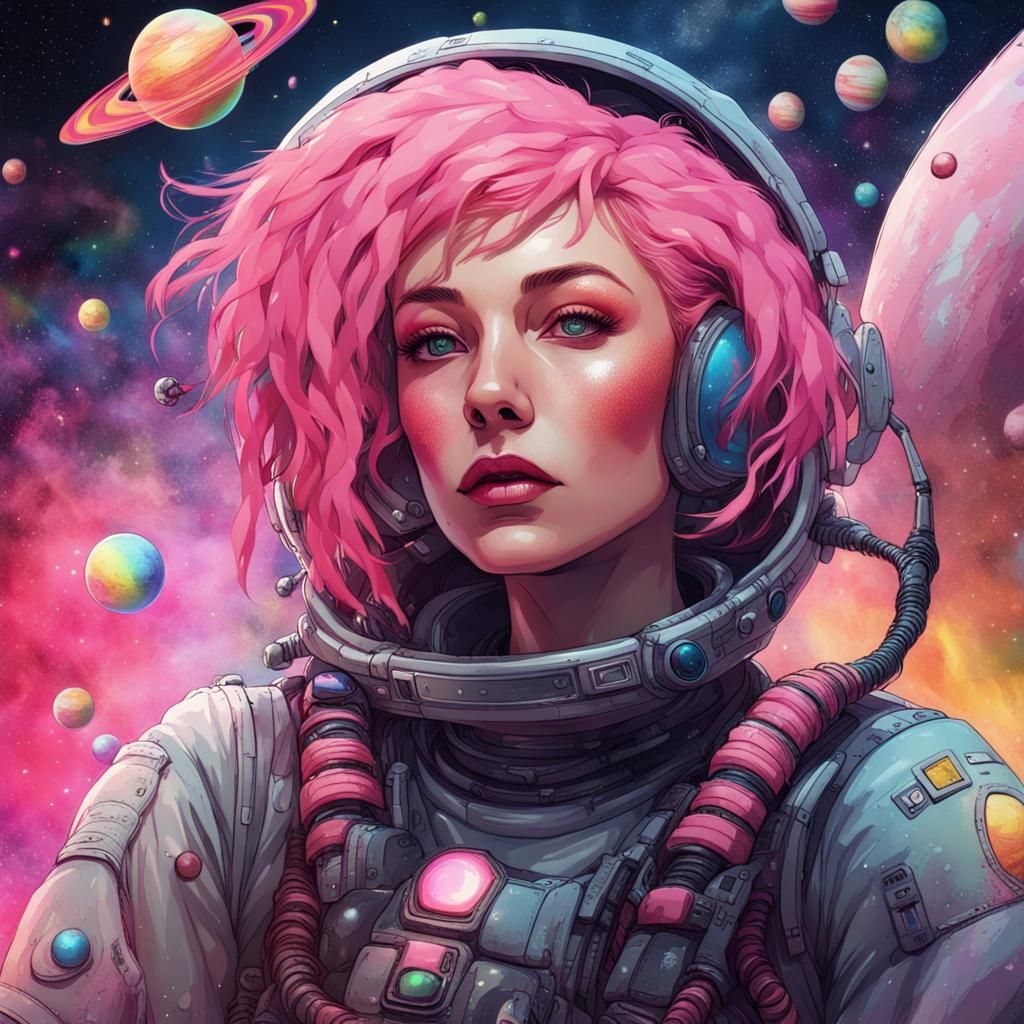 Cyberpunk Woman in Space Suit Among Rainbow Planets