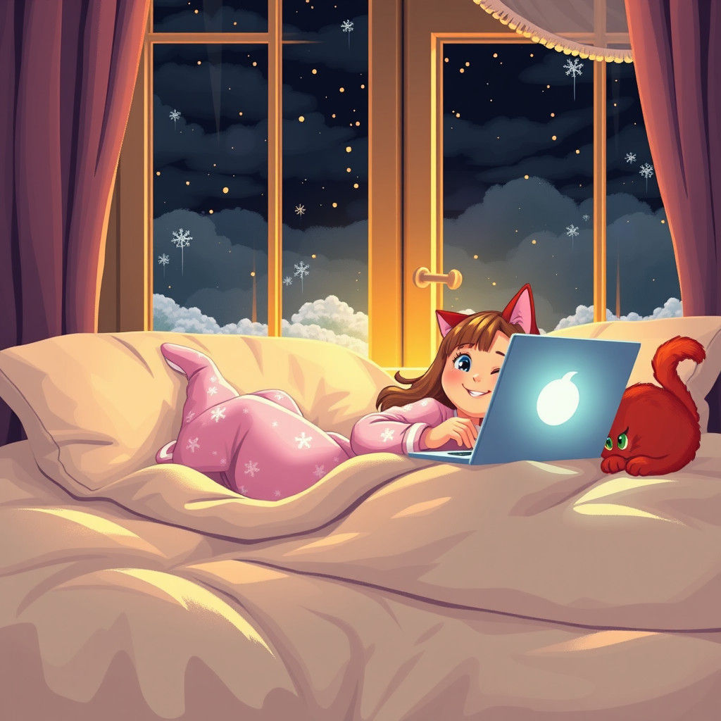 Girl, Cat, and Laptop in 8-Bit Winter Scene