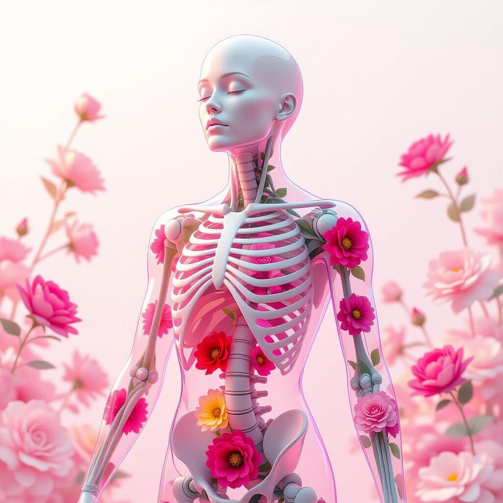 Surreal Figure with Glass Body Filled with Vivid Flowers