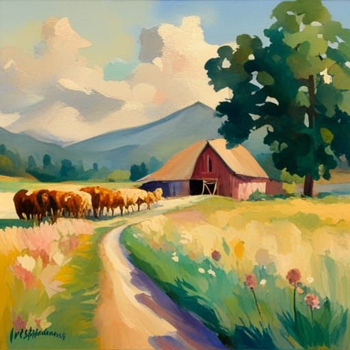 Cattle Herding on Farm in Gouache Impressionist Style