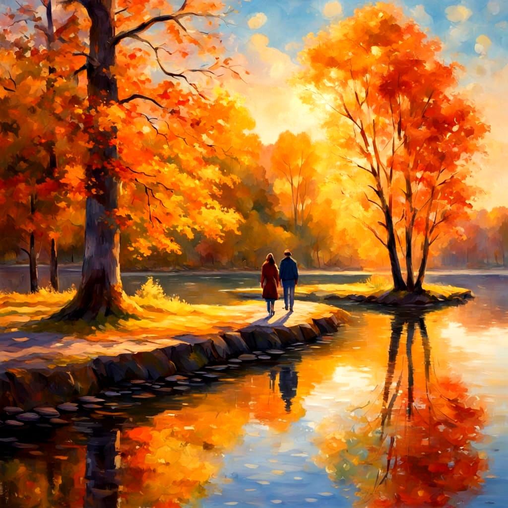 Autumn Lake Stroll with Girlfriend in Sunlight
