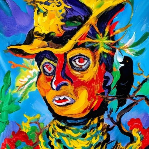 Psychedelic Scarecrow in Gouache Impressionism Style