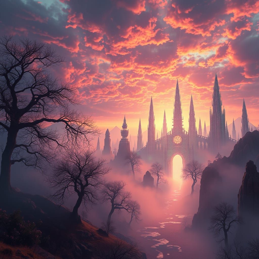 Dreamlike Landscape with Glowing Trees and Crystal Architect...