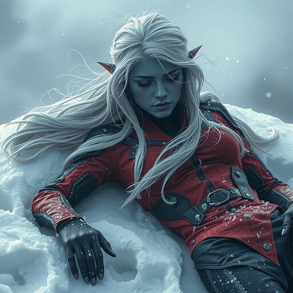 A Blue-Skinned Being in a Harsh Blizzard