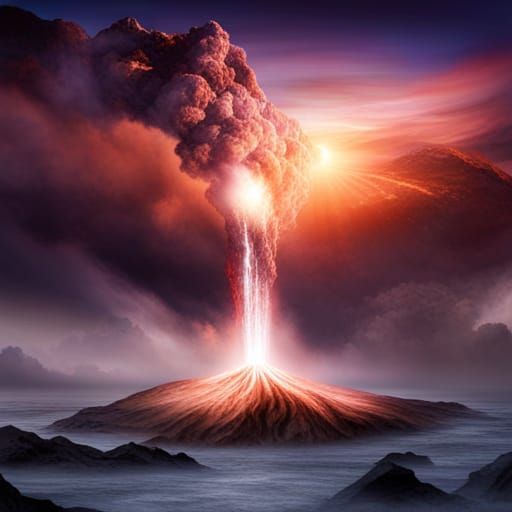 Erupting Volcano in Mountainous Fantasy Landscape